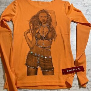 Long Sleeve Orange Mesh Embellished Top